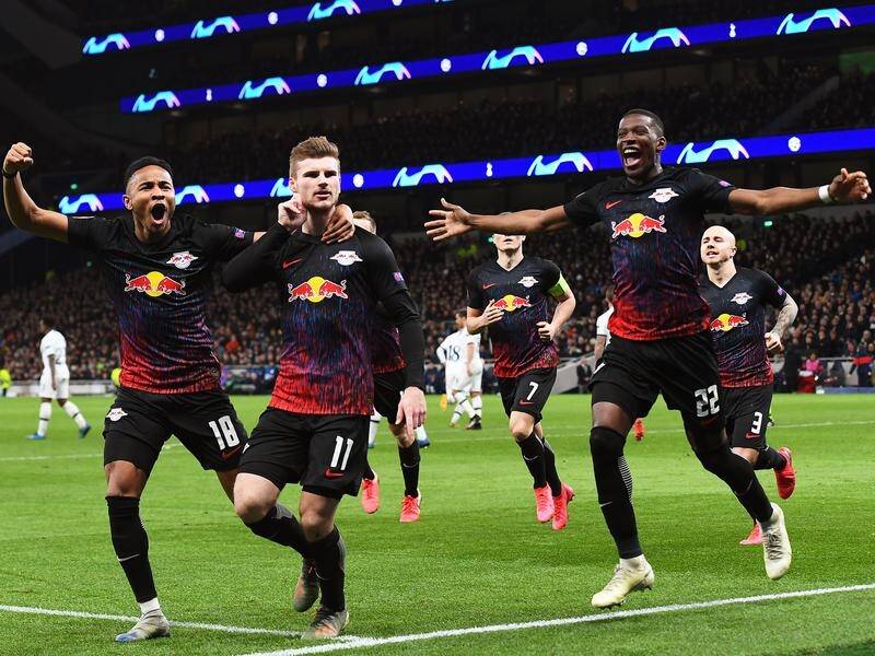 Leipzig's Timo Werner (No.11) celebrates with teammates after his goal at Tottenham Hotspur.