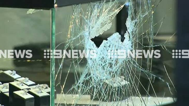 The smashed window of a Canterbury jewellery store after it was robbed on Thursday. Photo: Nine News