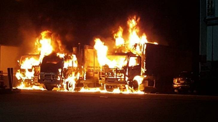 The suspicious fire at a Braeside transport business on Wednesday morning. Photo: Keith Pakenham