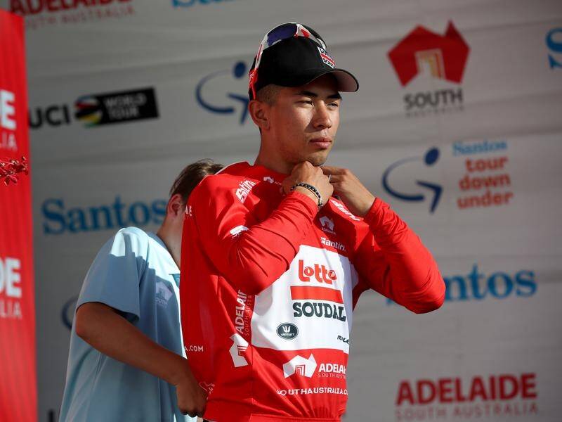 Caleb Ewan was stripped of a stage five win at the Down Under for headbutting in the sprint finish.