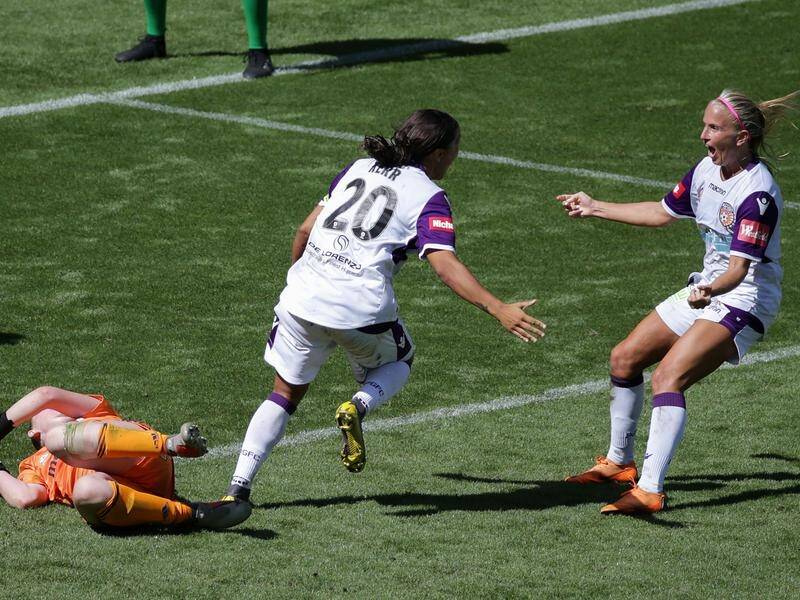 Sam Kerr (c) scored 16 goals in 12 games this W-League season to steer Perth into the grand final.