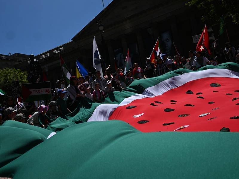 A giant watermelon flag symbolising the Palestine cause has been unfurled at a rally in Melbourne. (James Ross/AAP PHOTOS)