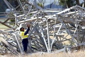 Power infrastructure such as transmission towers were damaged during storms in Victoria. (Con Chronis/AAP PHOTOS)