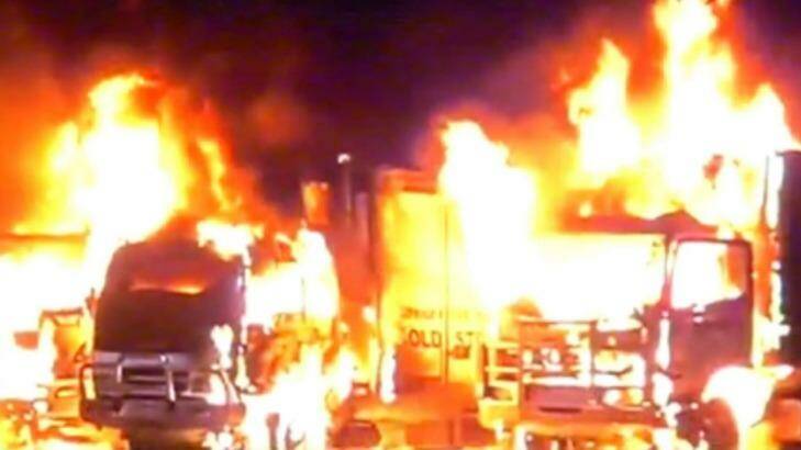 An image of a suspicious fire at a Braeside transport business on Wednesday morning. Photo: Twitter/@Sunriseon7