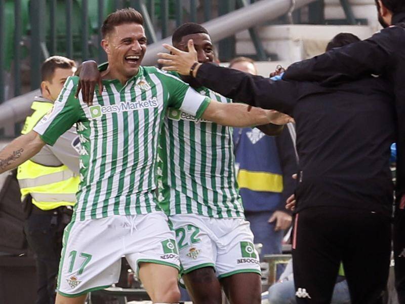 Real Betis' Joaquin (c) celebrates the completion of his hat-trick against Athletic Bilbao.