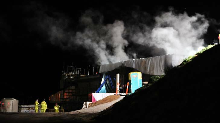 NEWS; Freshly poured concrete a boiler and the cold nights air produced steam on the Majura Parkway construction site. 27th August 2014 .  Photo by Melissa Adams the of The Canberra Times. Photo: Melissa Adams