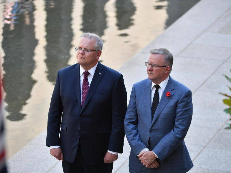 Scott Morrison and Anthony Albanese at the Australian War Memorial in Canberra on February 3.