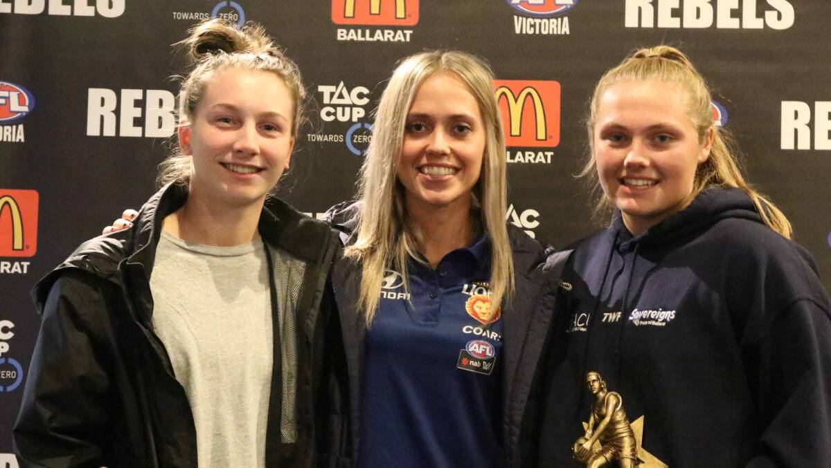 ACHIEVEMENT: Joint best and fairest winners Sophie van de Heuvel (left) and Ella Bibby (right) with Brisbane Lions AFL Women’s player Kaitlyn Ashmore. 