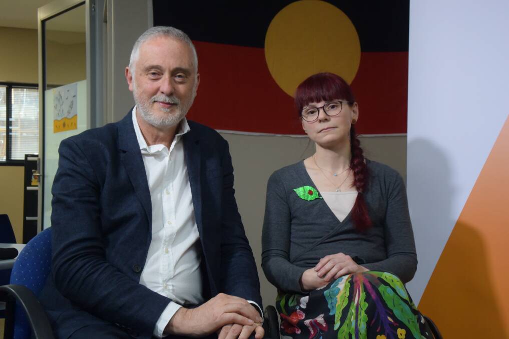 Special Minister of State Gavin Jennings and Nicole Lee from the state government’s Victim Survivors’ Advisory Council in Ballarat on Thursday to talk about how safety hubs will improve family violence responses.