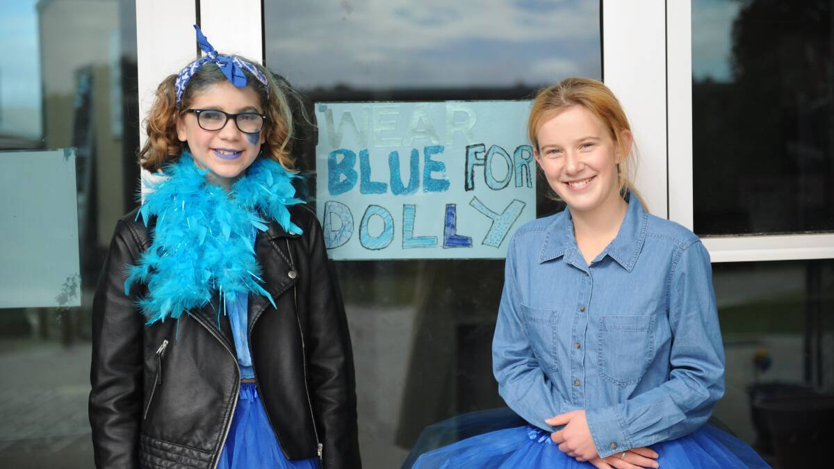 BLUE FOR DOLLY: Hanna Poswiat and Katie Pohlner with one of the posters they made for the event. Picture: SONIA SINGHA