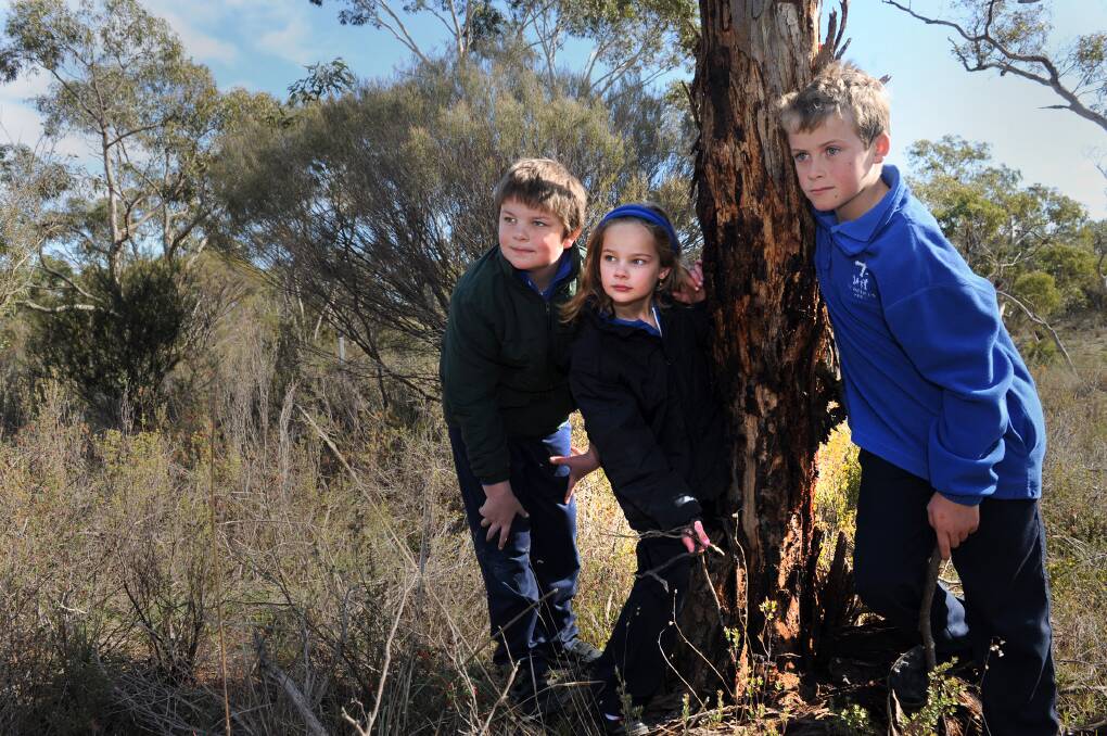 LIVING HISTORY: Nhill's St Patrick's School students Alister Dickinson, 10, Charlotte Dickinson, 9, and Thomas Harris, 11, retrace the Jane Duff story for the 150th anniversary of Lost in the Bush. Picture: PAUL CARRACHER