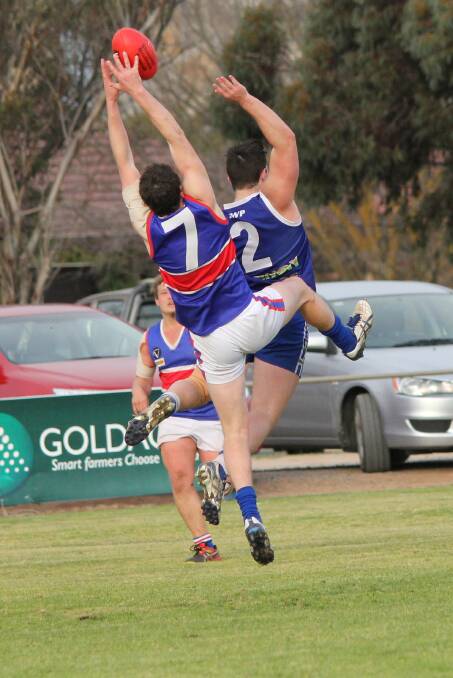 UP IN THE AIR: Jeparit-Rainbow's Chris Meyer in action for the Lakers in the Mallee Football League in 2014. Picture: LES GRAETZ