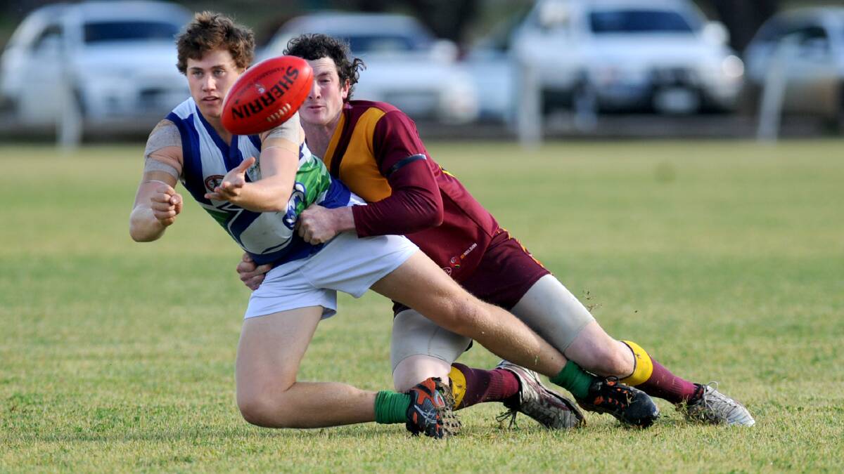 BIG JOB: Kaniva-Leeor United's Lachlan Seed, left, was given the task of tagging Keith star Tom Redden at the weekend. Picture: PAUL CARRACHER