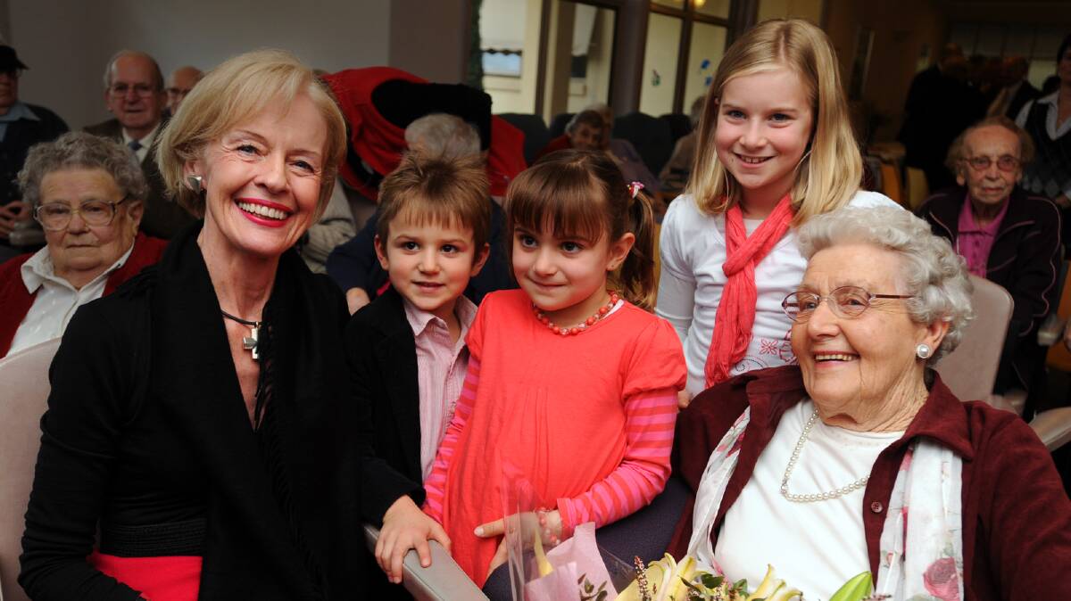 HAPPY BIRTHDAY: Rita Driller celebrates her birthday with Governor-General Quentin Bryce and great grandchildren Lloyd Baker, 4, Cleo Baker, 6, and Sheridan Baker, 9, of Murtoa. Picture: KATE HEALY