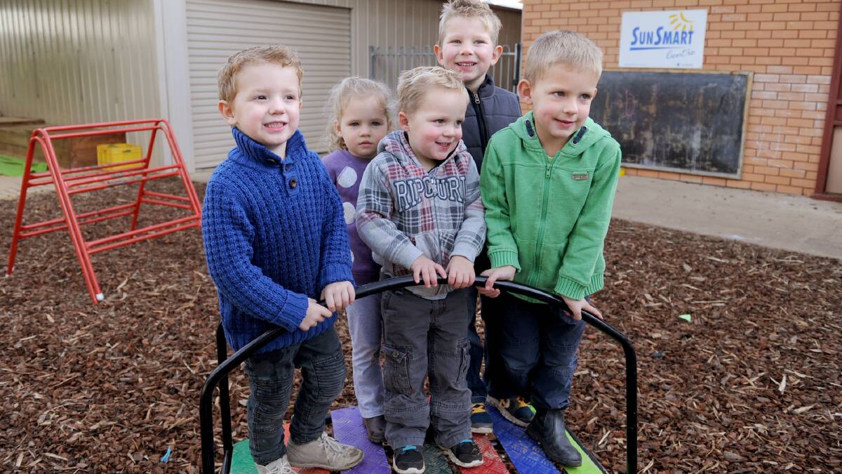Kaniva Playgroup children Baxter Meyer, 3, Mikayla Hall, 3, Flynn Dodson, 2, Cooper Dodson, 4, and Jack Hall, 5. The playgroup is hosting a market on Sunday to raise money for the group. Picture: SAMANTHA CAMARRI
