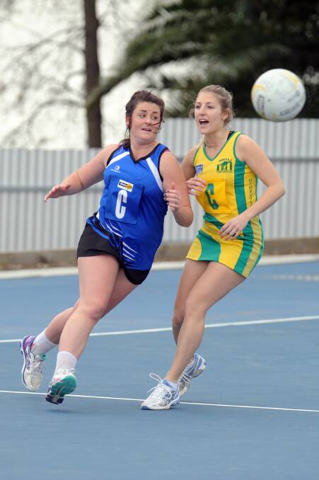 EXCITING: Minyip-Murtoa’s Laura Delahunty, pictured playing against Dimboola’s Grace Braithwaite at the weekend, is relishing her new role in centre. Picture: PAUL CARRACHER