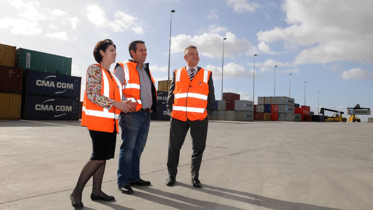 Member for Lowan Emma Kealy, Wimmera Container Line general manager Allister Boyce and Shadow Roads Minister Ryan Smith tour the Wimmera Intermodal Freight Terminal last week. Since the visit, the government has confirmed it would continue providing subsidies for Wimmera Container Line to put more frieght on rail. Picture: SAMANTHA CAMARRI

