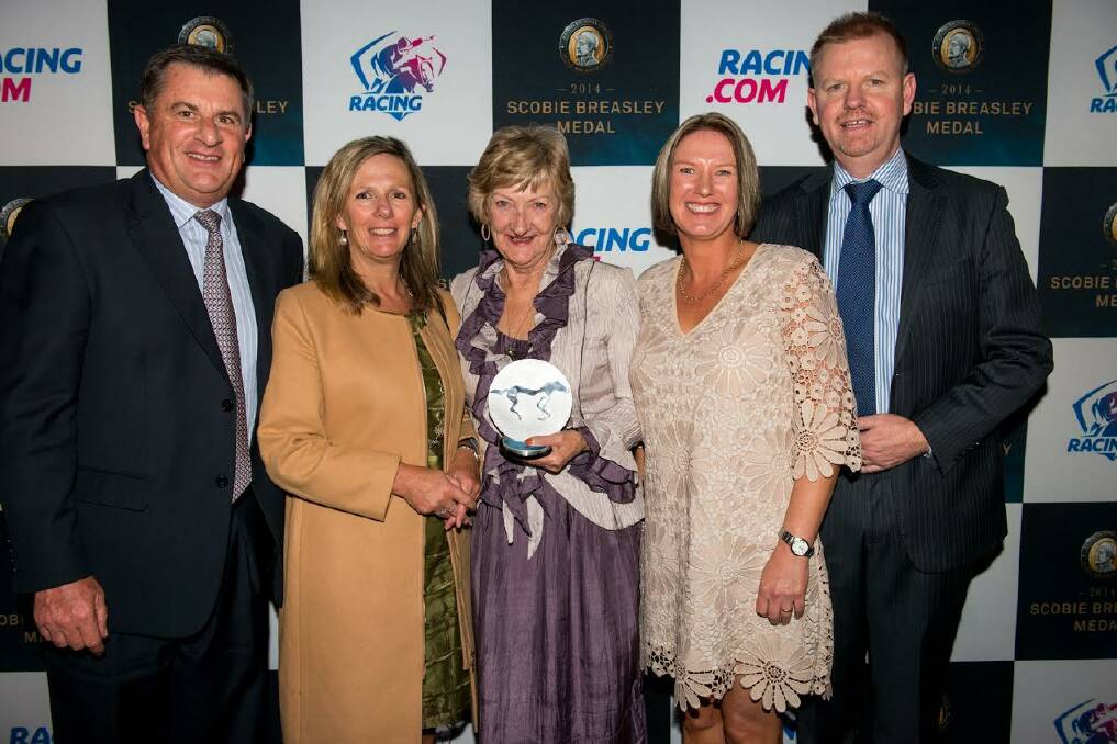 DREAM AWARD: Horsham's Lorraine Dunn, centre, and daughter Celeste Patterson, second from right, accept the Thoroughbred Breeders Victoria's Small Breeder of the Year award on behalf of Mrs Dunn's late husband Worrall Dunn. They are pictured with representatives from the award's sponsor Basinghall Farm, from left, Tim and Lisa Johnson, and TBV president James O'Brien.