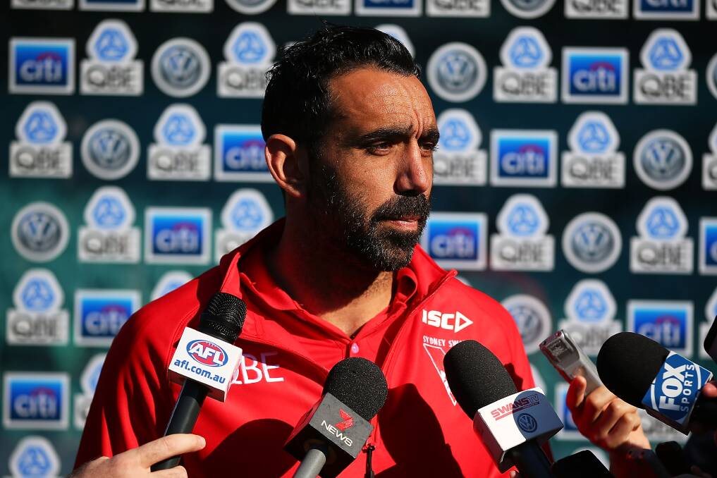Horsham export and Sydney Swans superstar Adam Goodes talks with the media on Wednesday. He will break the record for the most AFL matches played by an indigenous footballer on Sunday. Pictures: GETTY IMAGES