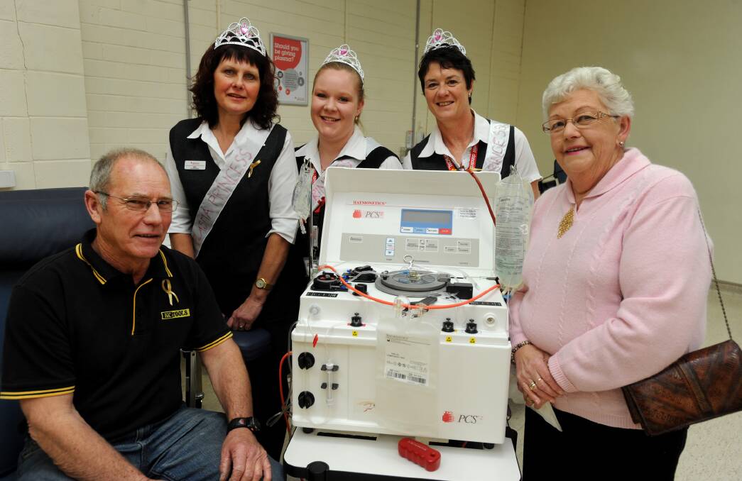 ON THE JOB: Alan Cannane, Horsham Blood Donor Centre staff Jillian Cooper, Sarah Collins and Tracey O'Callaghan and Pam Ross celebrate the introduction of plasma donations in 2013. The blood bank will close until about September due to lack of staff. Picture: PAUL CARRACHER
