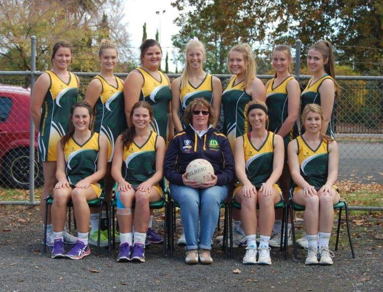 17 AND UNDER: The winning Horsham team. From back left, Stevie Bibby, Mikayla McAuliffe, Kirby Knight, Emily Langley, Alex Lang, Amelia Scott and Mairead Bush; front, Taryn Wynd, Baylee Miller, coach Sue Anson, Keziah Freeman and Brodi Winton. 