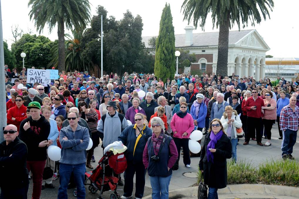 People rally outside the Ararat pool last year. The Ararat Olympic Pool Committee is thrilled with a commitment to re-open the pool. Picture: SAMANTHA CAMARRI