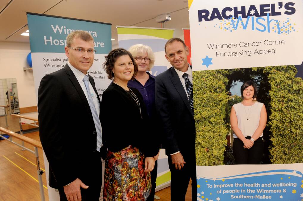Wimmera Cancer Centre steering committee chairman Richard Goudie, fundraising ambassador Rachael Littore, oncology nurse practitioner Carmel O'Kane and Wimmera Health Care Group chief executive Chris Scott at the Wimmera Cancer Centre fundraising appeal launch on Monday night. Picture: SAMANTHA CAMARRI