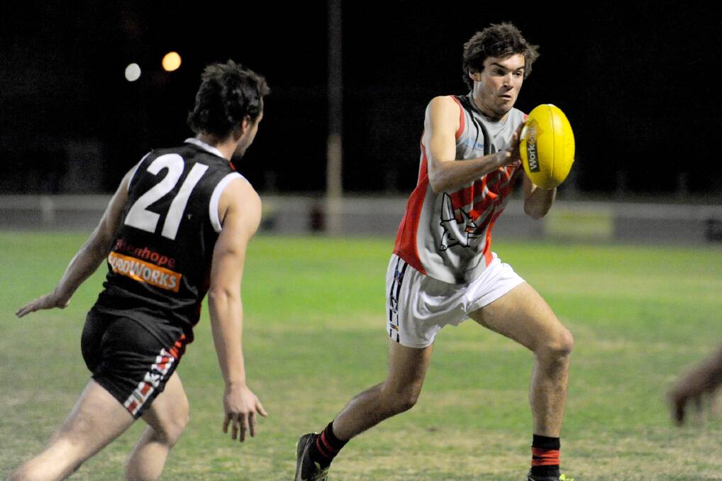 Noradjuha-Quantong's Sam Weddell kicked four goals for Horsham District in interleague last week and will be important for the Bombers at the weekend. Picture: SAMANTHA CAMARRI