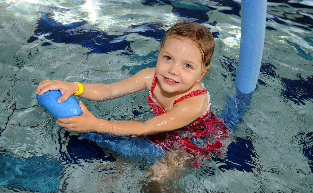MAKING A SPLASH: Maya Shepherd, 3, gets ready for the Horsham Aquatic Centre YMCA pool party on Sunday. Picture: PAUL CARRACHER