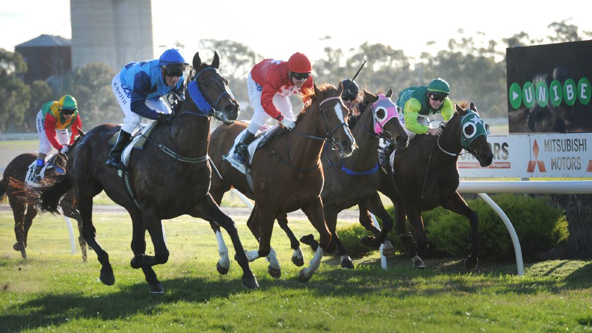 TIGHT FINISH: From left, Royal Mephisto, ridden by Roger Booth, in blue, and trained by John Symons and Sheila Laxon, edges past Flashy Fella, second, Orientaped, third, and Gold Medals, fourth, to win the 2014 O’Connors Case IH Warracknabeal Cup on Sunday afternoon. Picture: PAUL CARRACHER