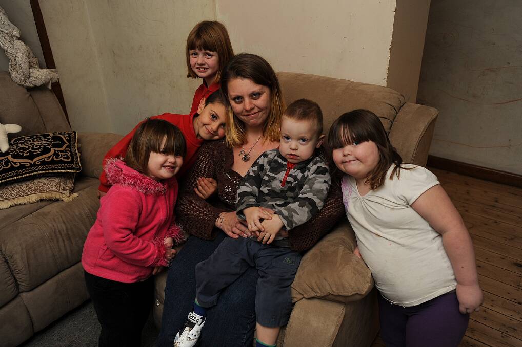 TOUGH TIMES: Amanda Klotz had to drive to Donald to collect five of her six children, from front left, Tara, 3, Bradley, 6, Karlie, 8, James, 2, and Emma, 4, from care after she was denied surgery at Ballarat Base Hospital with just an hour’s notice. It is the fourth time she has been denied the surgery. Picture: PAUL CARRACHER