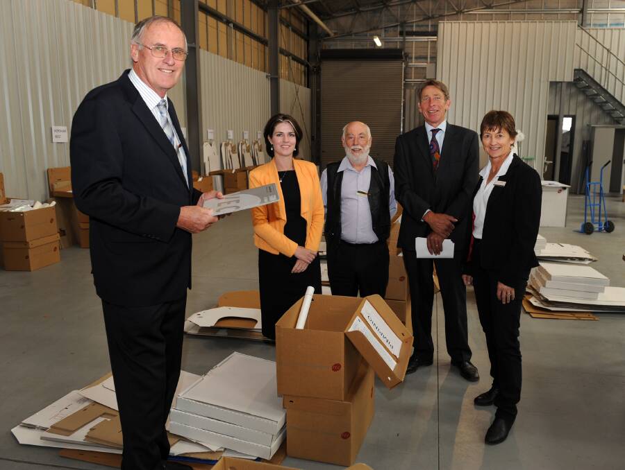 BARRIER DRAW: Lowan returning officer Graeme Sergeant gives Nationals candidate Emma Kealy, Labor candidate Bob Scates, Australian Country Alliance candidate Steve Price and independent candidate Katrina Rainsford a tour of the Horsham electoral office after the ballot draw. Greens candidate Nkandu Beltz was absent. Picture: PAUL CARRACHER