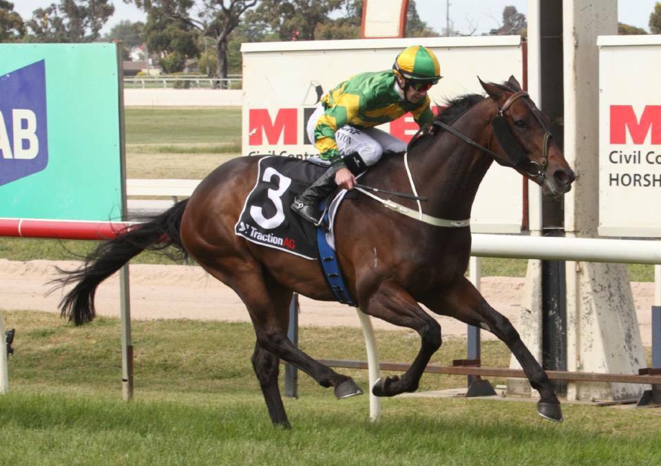 WIN: Damien Thornton flashes past the post on Our Bottino to win the 2017 Horsham Cup. Picture: RACING PHOTOS