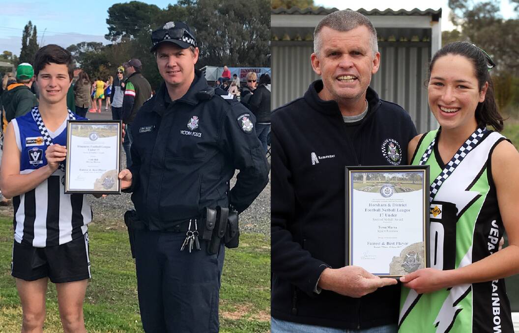 AWARDS: Cody Bell, Senior Constable Sam Noonan, leading Senior Constable Tony Clarke and Tessa Marra. Cody and Tessa received their awards prior to the last round of matches.

