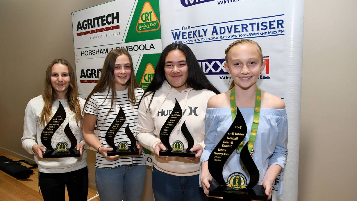 13 AND UNDER: Horsham District Football Netball League 13 and under runner up Samantha Gebert, Kalkee, third place Rylee Hateley, Laharum, and Talia Iese, Edenhope-Apsley, and winner Tahlia Thompson, Pimpinio. Picture: SAMATHA CAMARRI