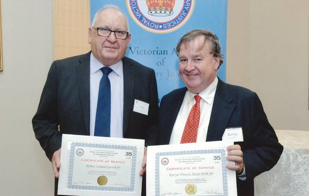 SERVICE HONOURED: Rob Gersch and Kerryn Shade were presented with certificates for 35 years of service with the Royal Victorian Association of Honorary Justices. Picture: CONTRIBUTED