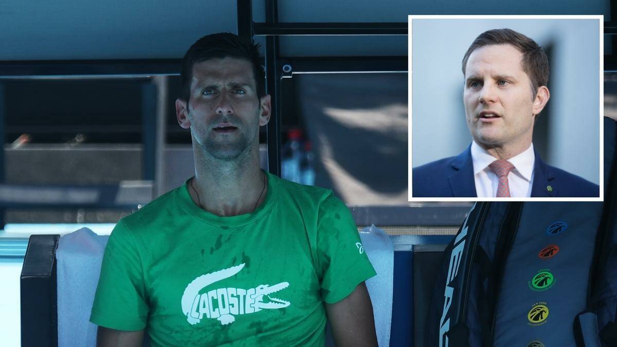 Novak Djokovic's fate is set to be decided by Immigration Minister Alex Hawke (inset). Pictures: Getty Images, Sitthixay Ditthavong