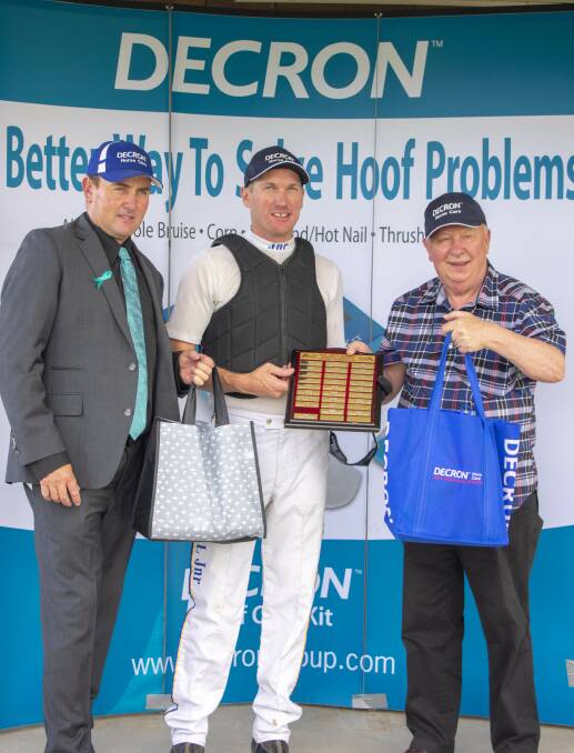 WIN: Horsham HRC president, Justin Lane, championship winner Gary Hall Jnr and major sponsor Merv Butterworth. Photo: BIANCA BREHAUT
