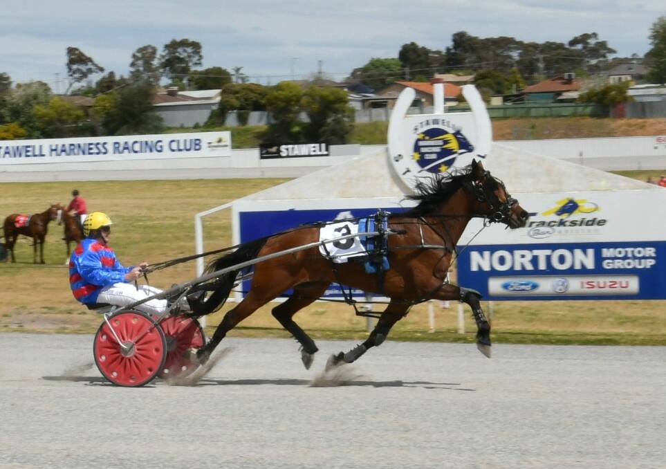 WIN: Murtoa owner-trainer Laurie Young and Horsham driver Aaron Dunn combined to bring up the maiden victory of Allawart Bob in the Trotters handicap at Stawell. Photo: CLAIRE WESTON 