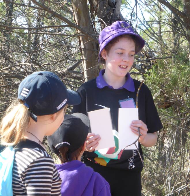 PATH TO LEARNING: Y6 student Celie Fuller speaks at the National Science Week Guided Bush Walk in the Yaapeet Bushland Reserve  about the way lichen and moss shrivel up in dry times and grow in the wet. Picture: J Clark