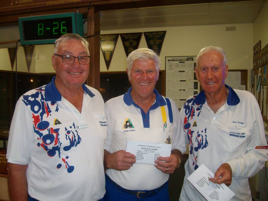TITLE FIGHT: Club Past President Graham McDonald with winners of the Invitation Four Bowl Pairs Sets Play Tournament, John Lynch and Ron Goudie.