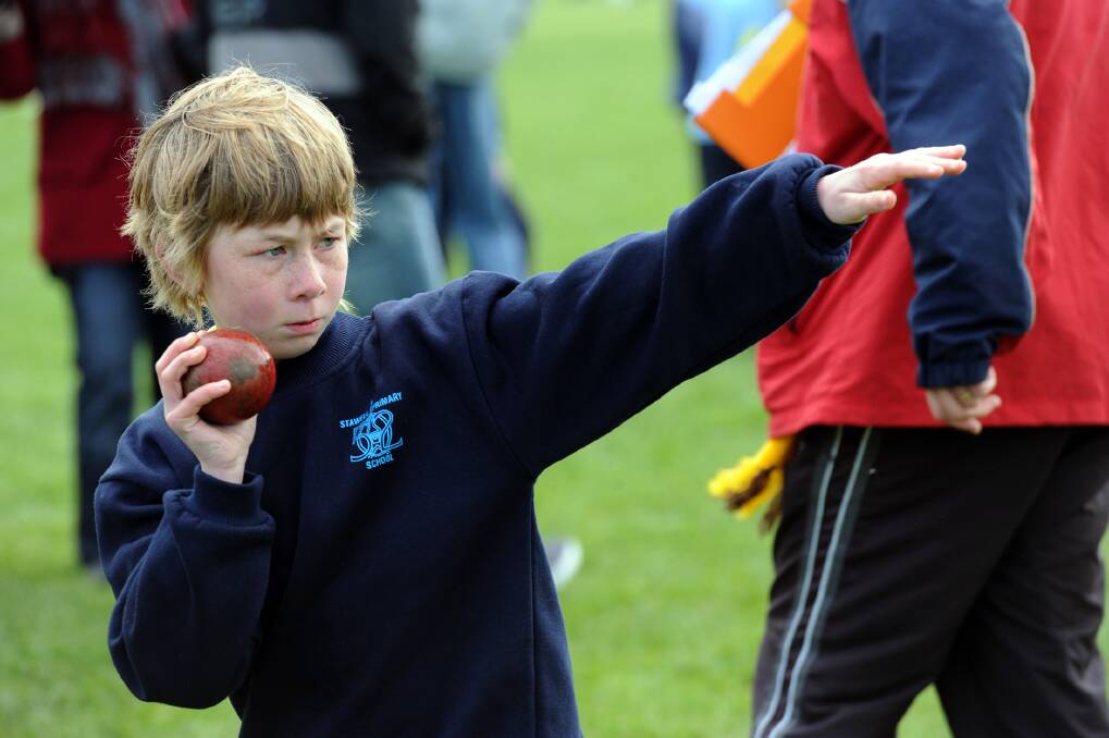 Marnoo's Victor Quince helps his school to win with a shot put at the school sports. Picture: PAUL CARRACHER