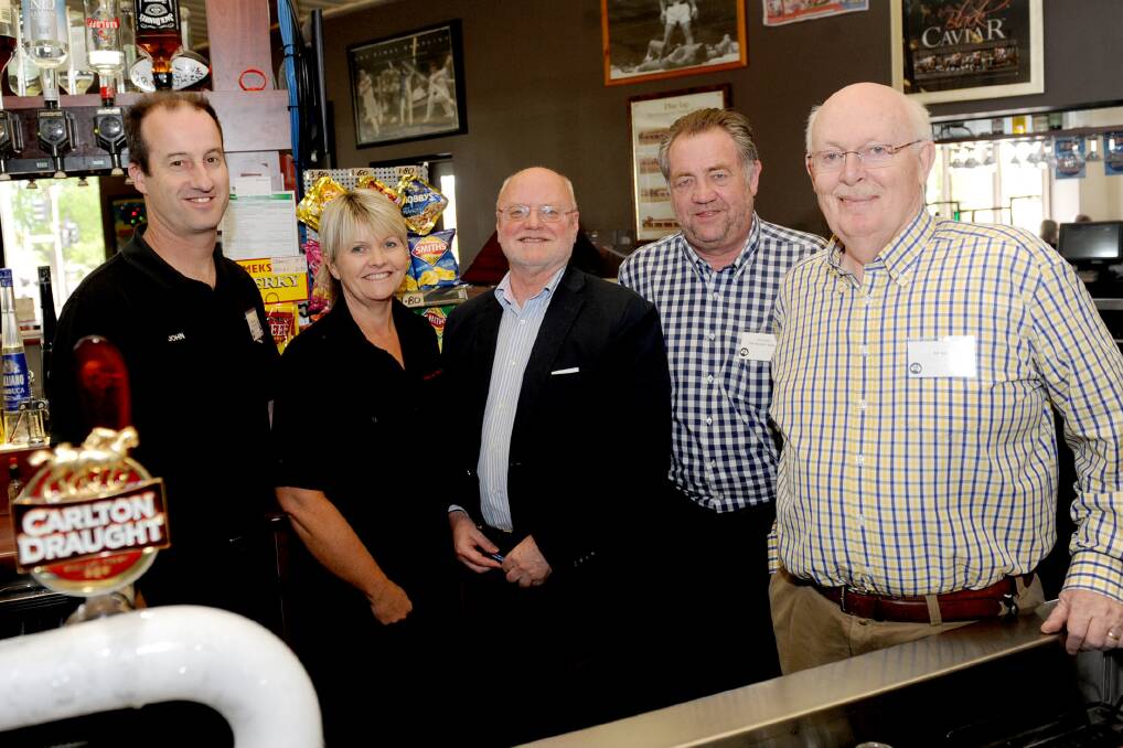 Licensees of Horsham's Victoria Hotel John and Sally Brennan, Australian Hotels Association state chief executive Brian Kearney, licensee of Ballarat s Irish Murphy's Ian Larkin and past publican Bill Bell attend the Pubs, Pots and Profits day.                                       Picture: SAMANTHA CAMARRI