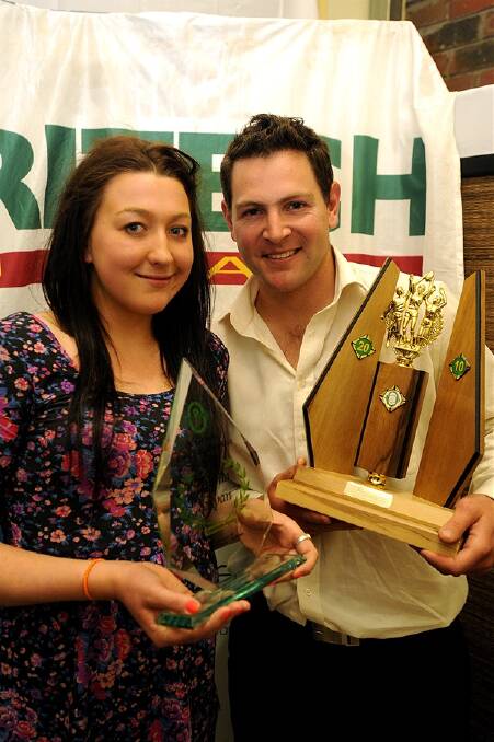 LEADERS: Horsham District A Grade netball best and fairest winner Emma Ryan, of Edenhope-Apsley, and Dellar Family Medallist Steve Schultz, of Kalkee, with their awards at the best and fairest count at Horsham Sports and Community Club on Monday. Picture: PAUL CARRACHER
