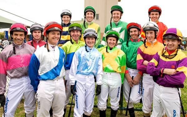 HOOPS: Jockeys competing in the Dallas Rintoule memorial were, back from left, Nikita Beriman, Jason Lyon, Sean Harrison, Ryan Maloney; front from left, Wayne Hokai, Brady Cross, Holly McKechnie, Craig Robertson, Kate Walters, Christine Puls, Kane Post, Nathan Rose and Dean Yendall. Picture: AMY PYSDEN