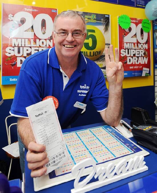 DREAM BELIEVER: Horsham Plaza Lotto owner Paul McLean celebrates selling his third Tattslotto division one winning ticket in 13 months. This week 10 Horsham residents will each receive more than $68,000 after their syndicate won. Picture: KATE HEALY