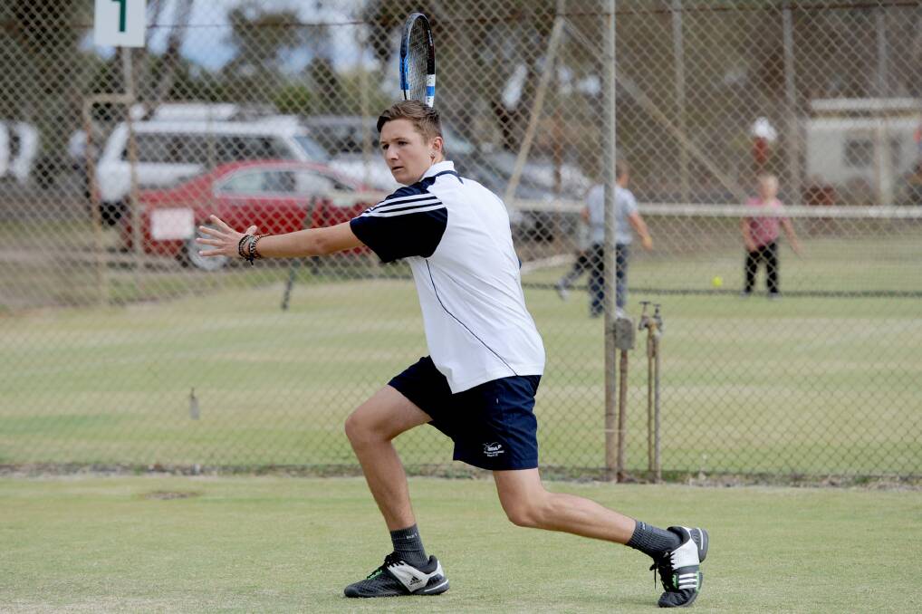 Drug South's Lachlan King lines up a forehand in last season's Central Wimmera Tennis Association pennant competition. 