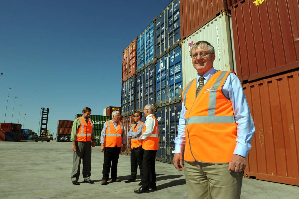 Engineers Australia Victoria division president John McIntosh, front, inspects the Wimmera Intermodal Freight Terminal at Dooen yesterday with Horsham Rural City Council's Martin Duke, former technical services manager David Eltringham, Engineers Australia Victoria division industry relationship manager John Anderson and the division's Wimmera group chairman Peter Jackson. The group toured projects across the region.