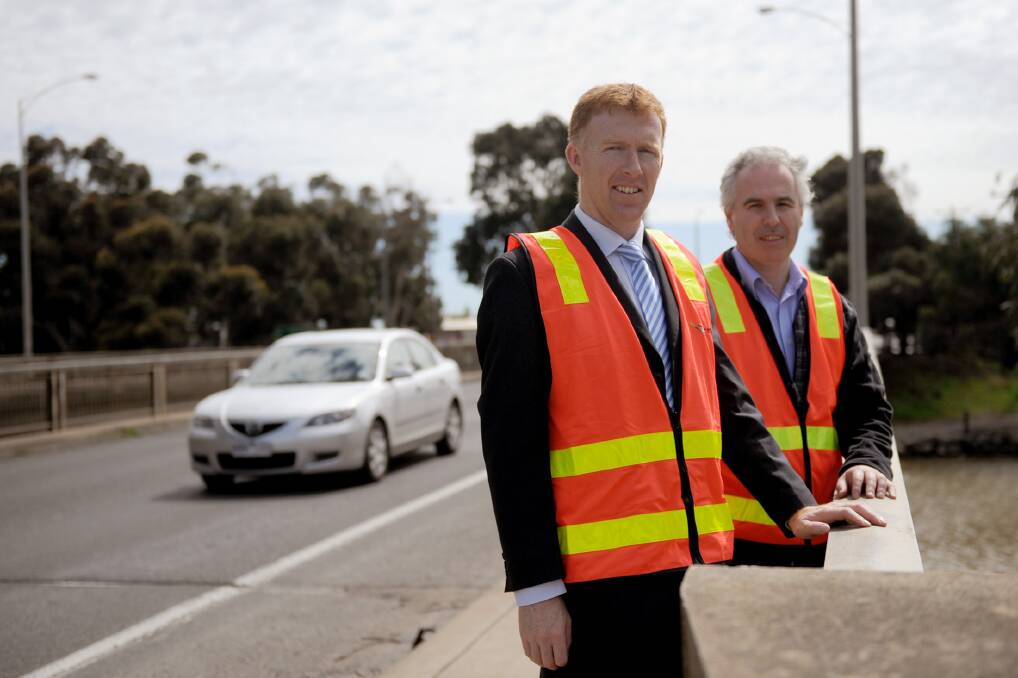 VicRoads acting reigonal director Michael McCarthy and acting project delivery manager Brad Pryor on the footpath at the Wimmera River Melbourne-bound bridge. Picture: SAMANTHA CAMARRI