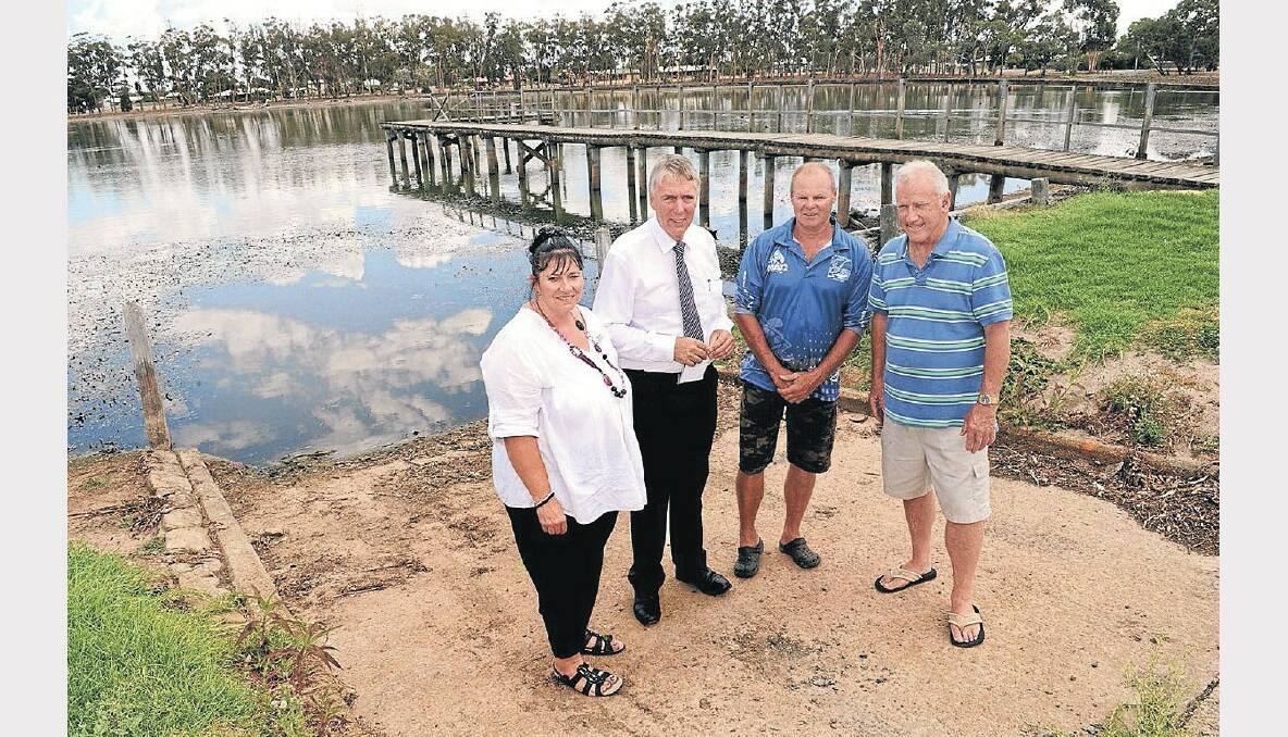 BOAT RAMP PROJECT: Yarriambiack Shire Mayor Kylie Zanker, Minister for Water and Member for Swan Hill Peter Walsh, Murtoa Angling Club's John Coleman and lake management committee's Geoff Coutts celebrate State Government funding for a new boat ramp at Lake Marma. PICTURE: PAUL CARRACHER.